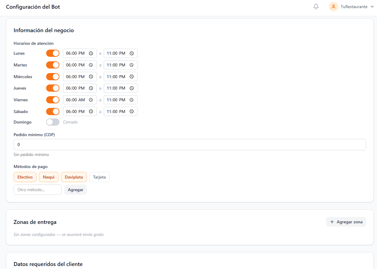Panel de configuración del bot de Anderio